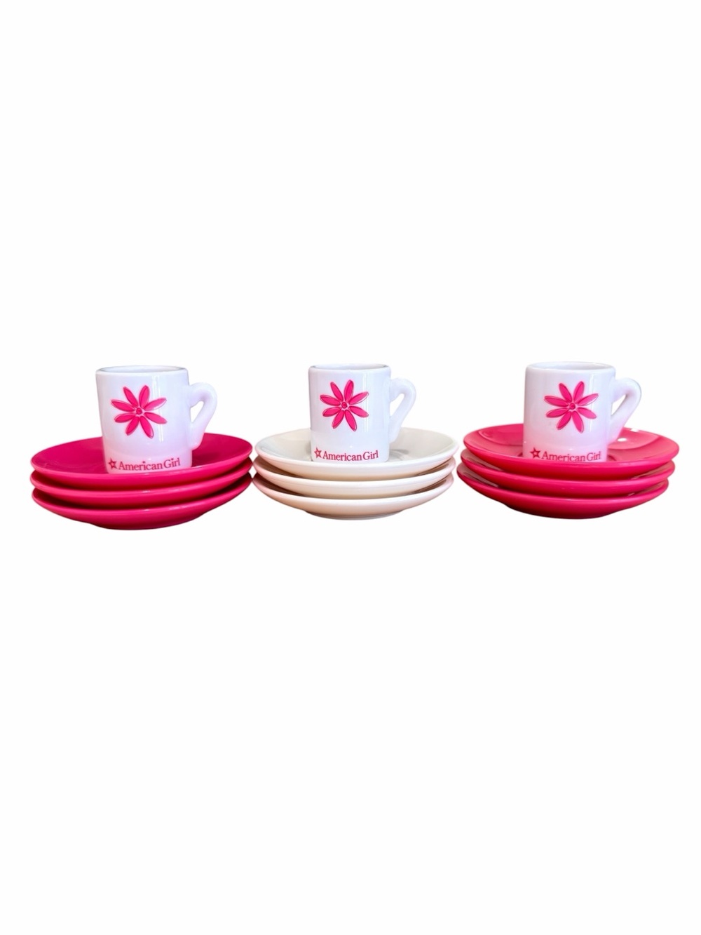 American Girl Cups Saucers Mugs Plates White Pink Flower Design LOT of 12